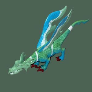 Shantou Figure Hinged Mouth Green White Blue Winged Dragon 8”